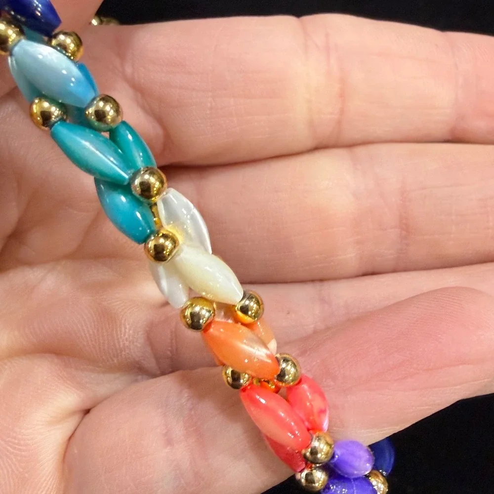 Vintage Rainbow Beaded Bracelet Gold‎ Tone Colorful Retro